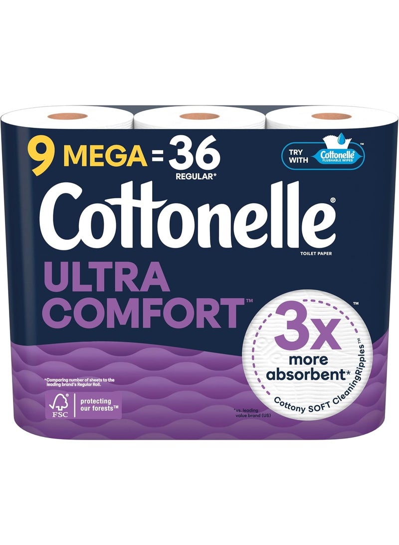قطونيل ورق تواليت ألترا كومفورت ميجا رول، طبقتان، ناعم كالحرير، بنقشة تنظيف مميزة، امتصاص أكثر بثلاث مرات، 9 لفات = 36 لفة عادية - Image 1