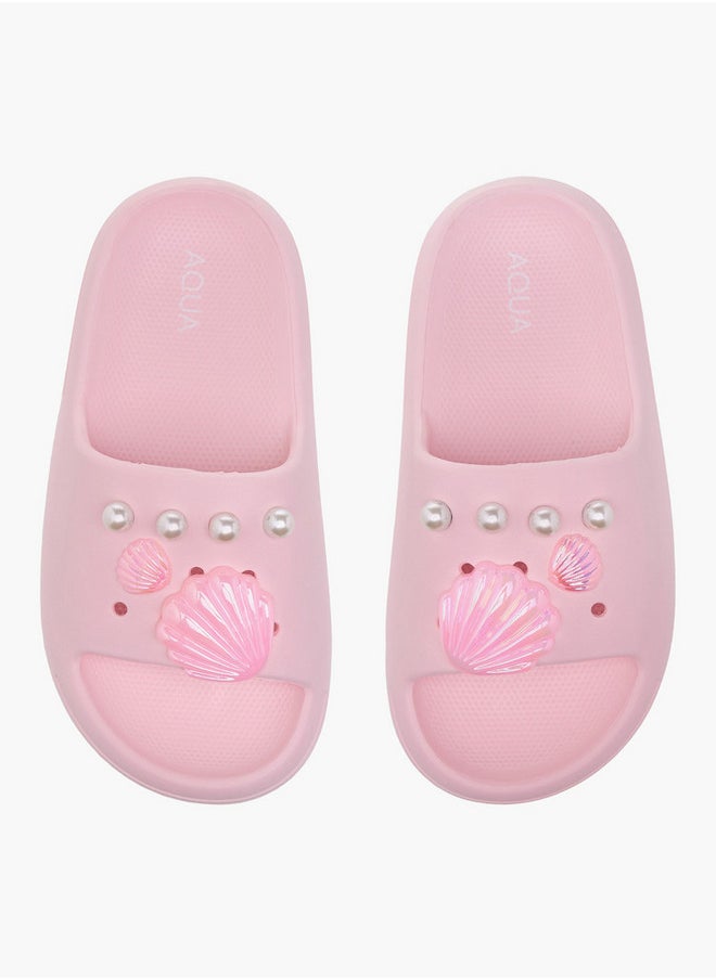 Aqua Pearl Embellished Slip-On Slides  - Image 1