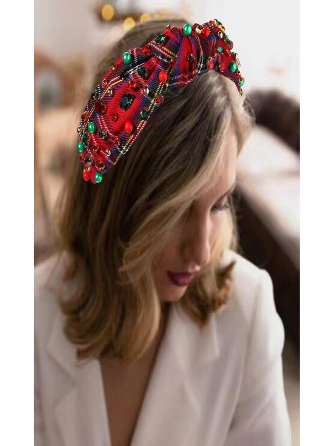 NVENF Christmas Headband for Women Jeweled Xmas Plaid Headband Embellished Crystal Pearl Knotted Headbands Wide Top Knot Holiday Headbands Christmas Hair Accessories Holiday Outfits Gifts (Red 2) - Image 4