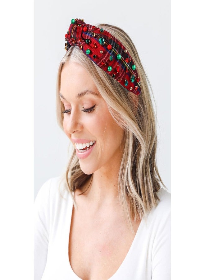NVENF Christmas Headband for Women Jeweled Xmas Plaid Headband Embellished Crystal Pearl Knotted Headbands Wide Top Knot Holiday Headbands Christmas Hair Accessories Holiday Outfits Gifts (Red 2) - Image 2