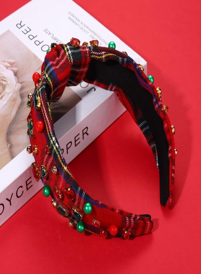 NVENF Christmas Headband for Women Jeweled Xmas Plaid Headband Embellished Crystal Pearl Knotted Headbands Wide Top Knot Holiday Headbands Christmas Hair Accessories Holiday Outfits Gifts (Red 2) - Image 5