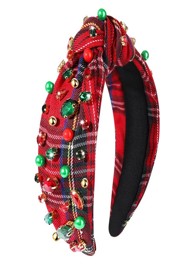 NVENF Christmas Headband for Women Jeweled Xmas Plaid Headband Embellished Crystal Pearl Knotted Headbands Wide Top Knot Holiday Headbands Christmas Hair Accessories Holiday Outfits Gifts (Red 2) - Image 1