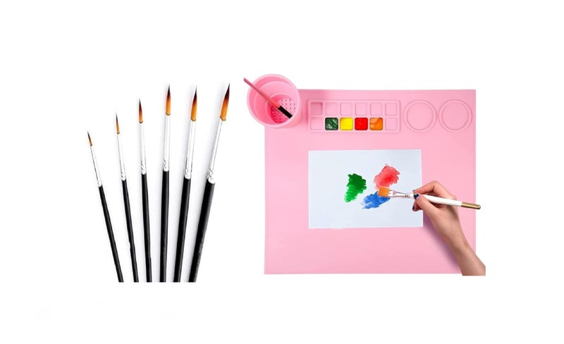 M.F.H 43x38 cm Silicone Craft Painting Mat for Kids, Multipurpose with Colour Kit, Cleaning Cup and Professional Painting Brush Set (Mini Detail Liner Brush 6Pc) (Pack of 2) Combo  - Image 1