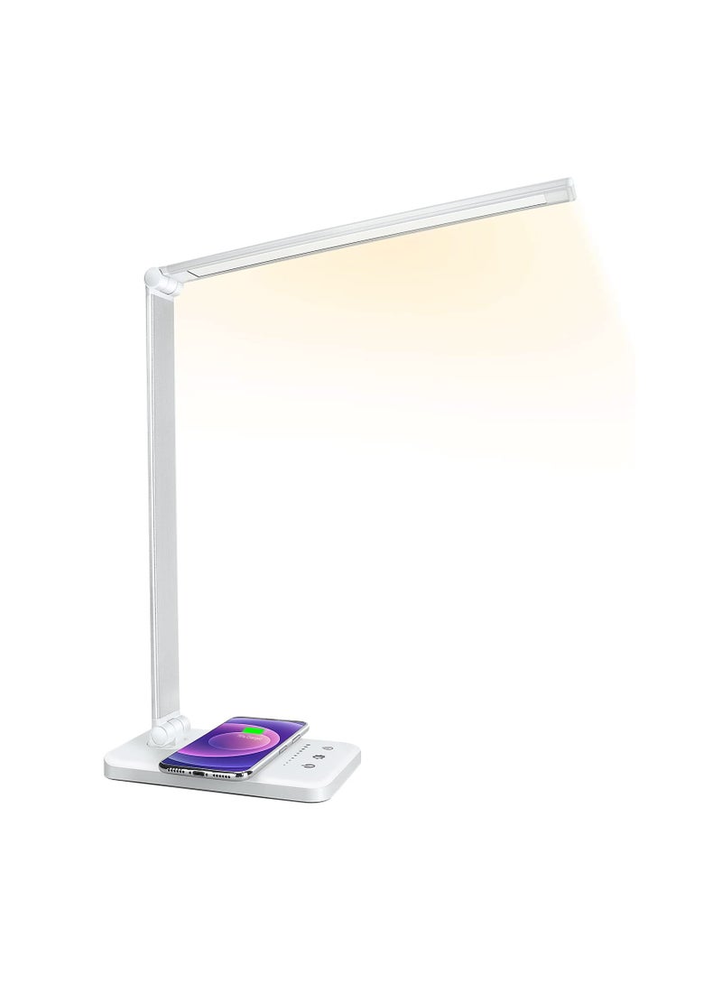 مصباح مكتب LED قابل للتعتيم مع شاحن لاسلكي ومنافذ USB، 5 أوضاع إضاءة، تحكم باللمس، تصميم يحافظ على صحة العين، مؤقت إيقاف تلقائي 30/60 دقيقة - مثالي للقراءة واستخدام المكتب. - Image 1