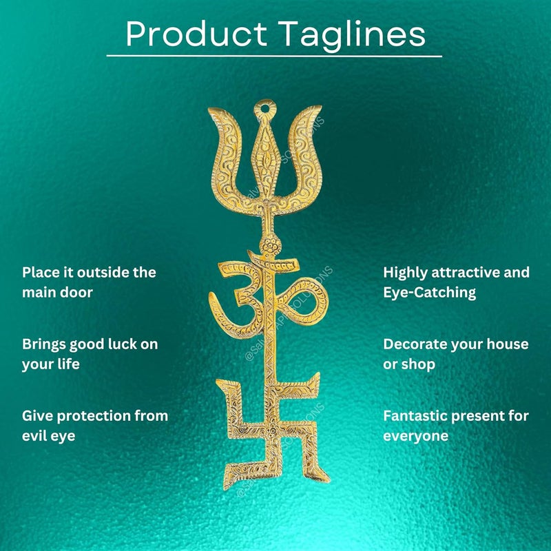 Salvus App Solutions Metal Om Trishul Swastik Trishakti Yantra DoorWall Hanging for Home Office Shops 8 inch_Gold - Image 5
