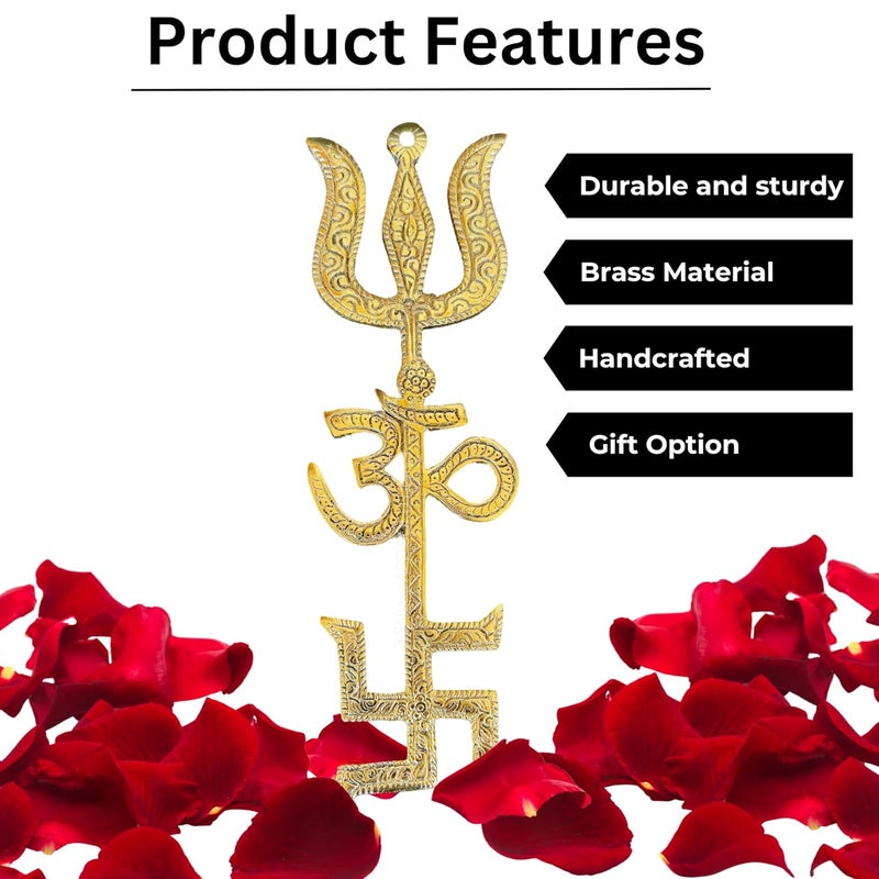 Salvus App Solutions Metal Om Trishul Swastik Trishakti Yantra DoorWall Hanging for Home Office Shops 8 inch_Gold - Image 3