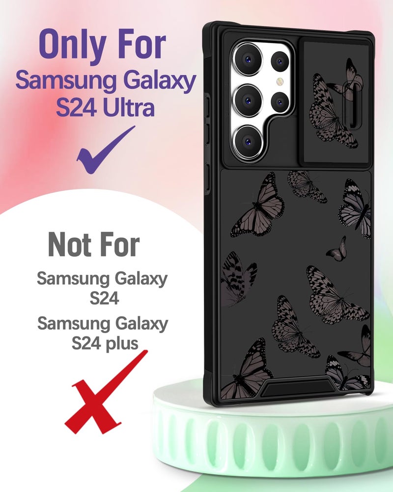 Funermei for Samsung Galaxy S24 Ultra Case - [2in1] Women Cute Girls Phone Cover Girly Aesthetic Black Butterfly Design Camera Cover Compatible with MagSafe Ring Holder Stand Funda for S24 Ultra - Image 2