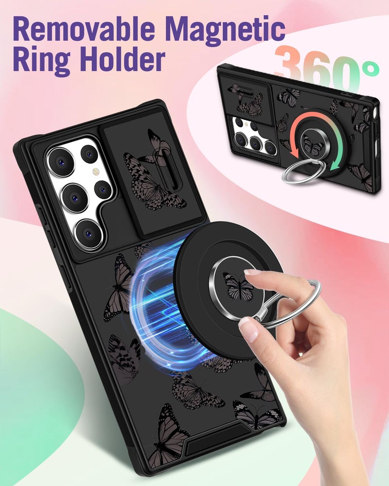 Funermei for Samsung Galaxy S24 Ultra Case - [2in1] Women Cute Girls Phone Cover Girly Aesthetic Black Butterfly Design Camera Cover Compatible with MagSafe Ring Holder Stand Funda for S24 Ultra - Image 5