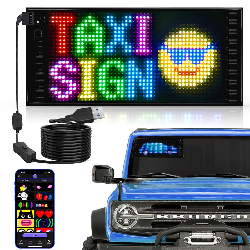 RAYHOME Full Color Dual Row LED Light Sign for Car, 10.6''x4.7'' Scrolling LED Signs Flexible 5V/2A Bluetooth APP Control LED Car Sign Custom Text Message Pattern Programmable LED Display - Image 1