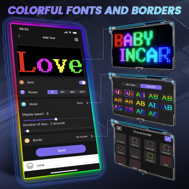 RAYHOME Full Color Dual Row LED Light Sign for Car, 10.6''x4.7'' Scrolling LED Signs Flexible 5V/2A Bluetooth APP Control LED Car Sign Custom Text Message Pattern Programmable LED Display - Image 4