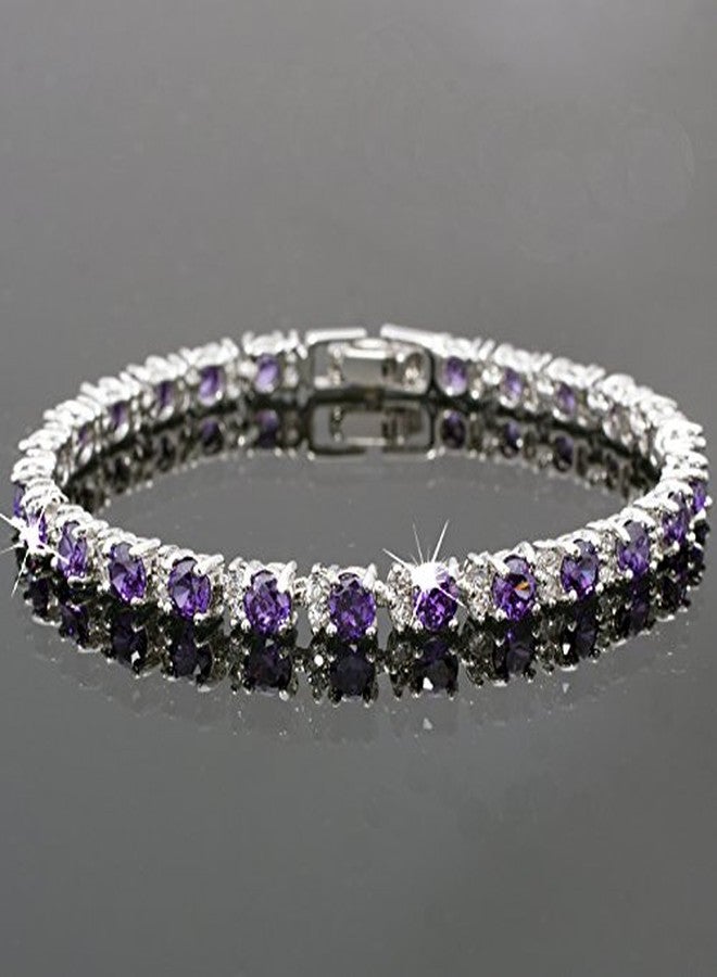 RIZILIA Round Simulated Purple Amethyst and White Cubic Zirconia 18K White gold Plated Tennis Bracelet, 7" - Image 2