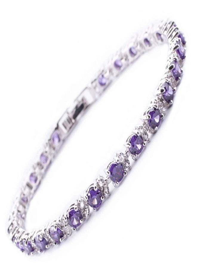 RIZILIA Round Simulated Purple Amethyst and White Cubic Zirconia 18K White gold Plated Tennis Bracelet, 7" - Image 1