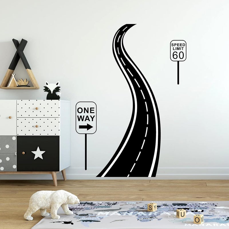 THEYGE Road Sign Wall Decals Large Road Wall Stickers Vinyl Road Street Wall Decals Black Art Highway Stickers Road Race Track Wall Stickers for Kids Room Car Theme Boys Bedroom Decor - Image 3