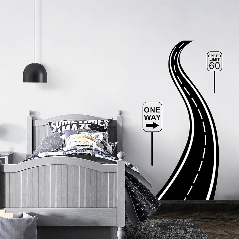 THEYGE Road Sign Wall Decals Large Road Wall Stickers Vinyl Road Street Wall Decals Black Art Highway Stickers Road Race Track Wall Stickers for Kids Room Car Theme Boys Bedroom Decor - Image 2
