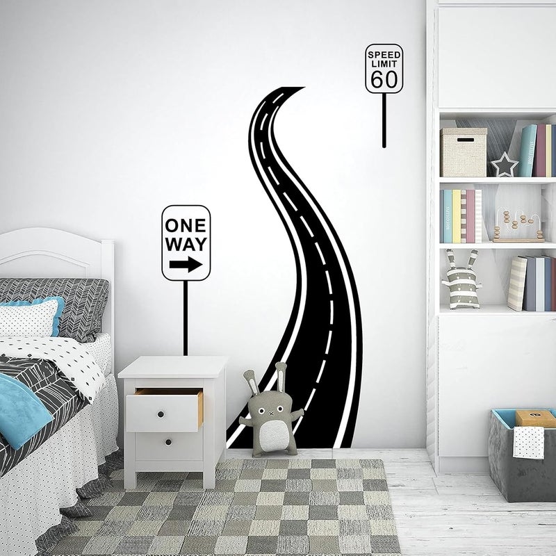 THEYGE Road Sign Wall Decals Large Road Wall Stickers Vinyl Road Street Wall Decals Black Art Highway Stickers Road Race Track Wall Stickers for Kids Room Car Theme Boys Bedroom Decor - Image 4
