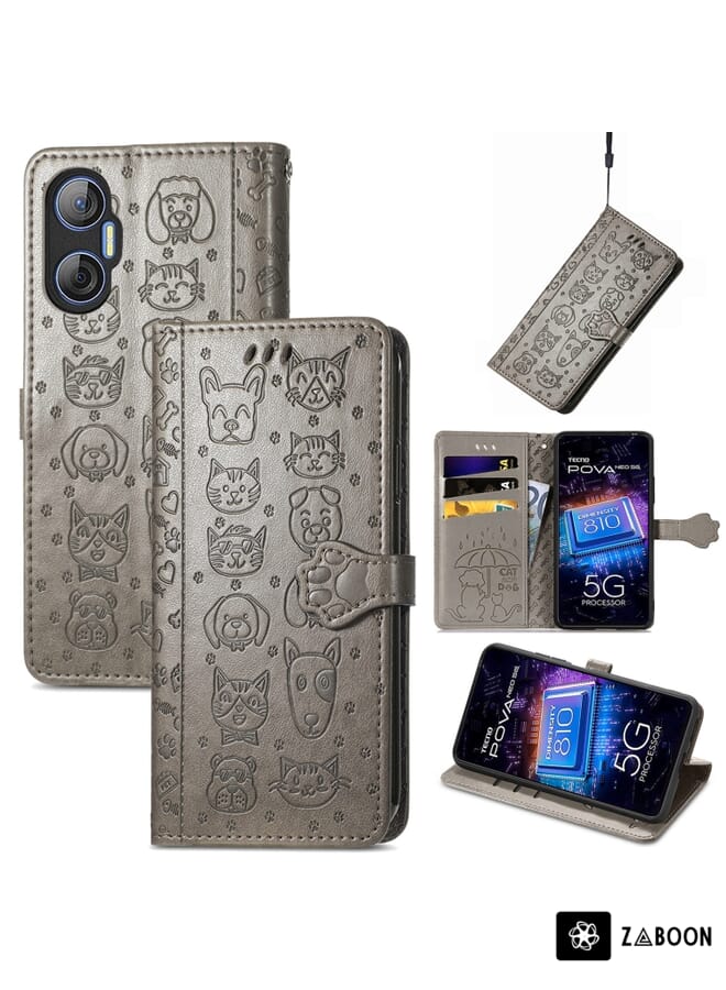 Zaboon Protective Case For Tecno Pova Neo 5G Cat and Dog Embossed Phone Leather - Image 1