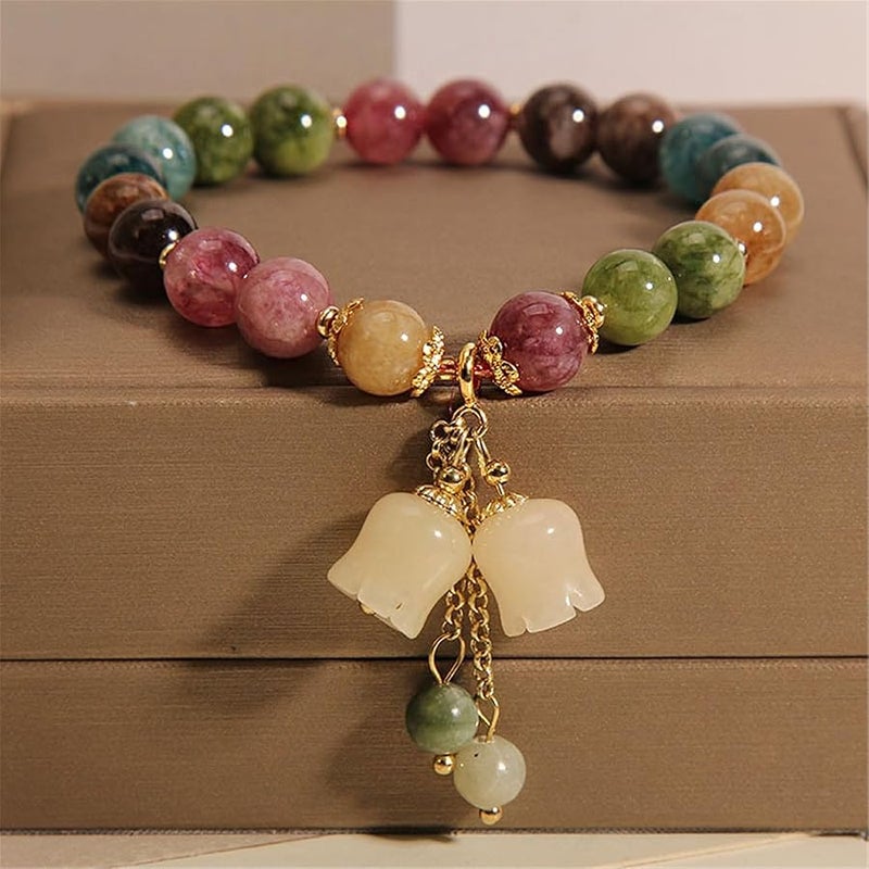 Natural Colored Tourmaline Bracelet, Hand Carved Lily of The Valley Flower Pendant Bracelet, Crystal Beaded Flower Charm Bracelet, Good Luck Jade Bead Bracelet for Women (Style 01) - Image 4