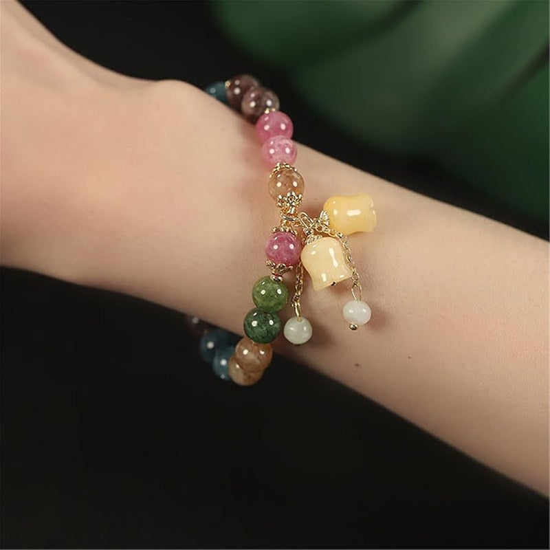 Natural Colored Tourmaline Bracelet, Hand Carved Lily of The Valley Flower Pendant Bracelet, Crystal Beaded Flower Charm Bracelet, Good Luck Jade Bead Bracelet for Women (Style 01) - Image 5