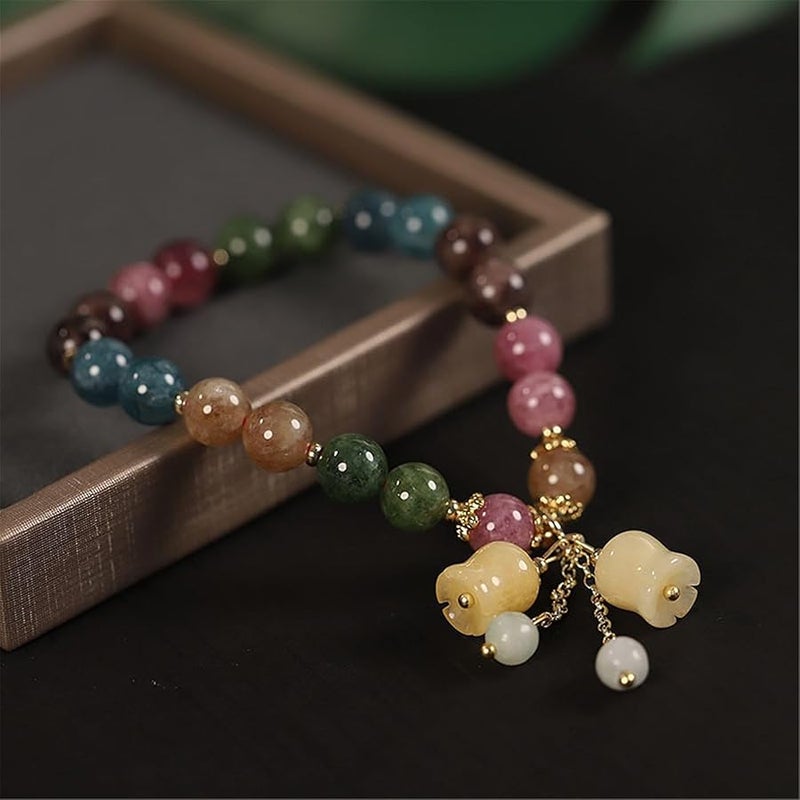 Natural Colored Tourmaline Bracelet, Hand Carved Lily of The Valley Flower Pendant Bracelet, Crystal Beaded Flower Charm Bracelet, Good Luck Jade Bead Bracelet for Women (Style 01) - Image 2