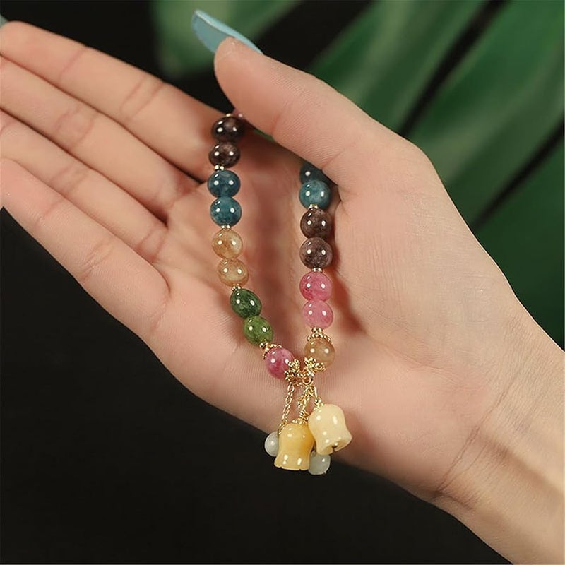 Natural Colored Tourmaline Bracelet, Hand Carved Lily of The Valley Flower Pendant Bracelet, Crystal Beaded Flower Charm Bracelet, Good Luck Jade Bead Bracelet for Women (Style 01) - Image 3