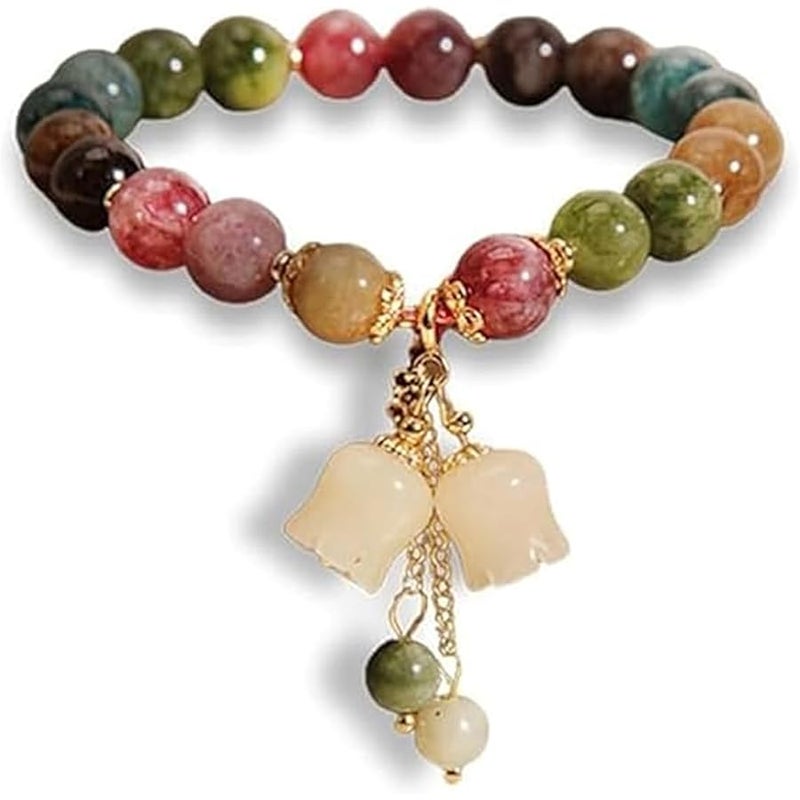 Natural Colored Tourmaline Bracelet, Hand Carved Lily of The Valley Flower Pendant Bracelet, Crystal Beaded Flower Charm Bracelet, Good Luck Jade Bead Bracelet for Women (Style 01) - Image 1