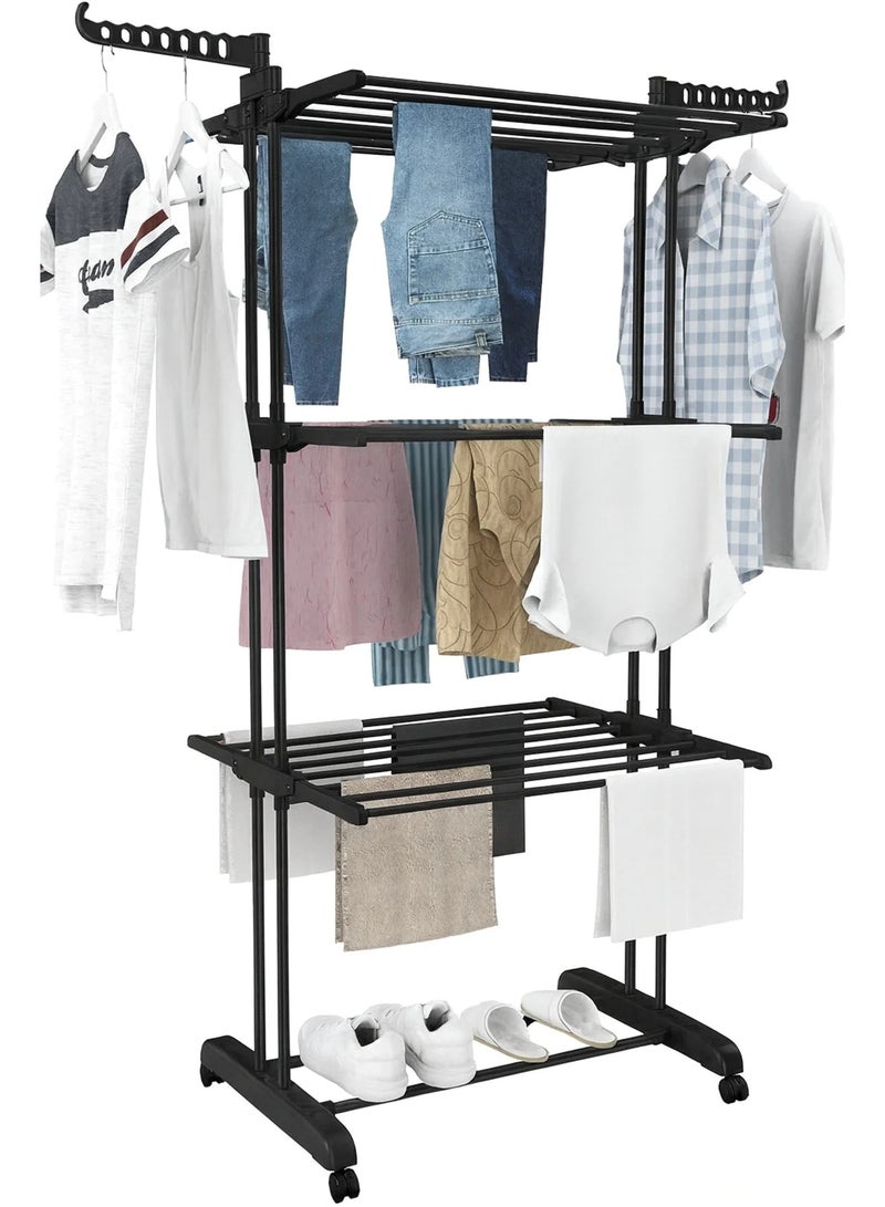 ALMUFARREJ Foldable 3 Tier Clothes Drying Rack for Laundry Rolling Black - Image 1