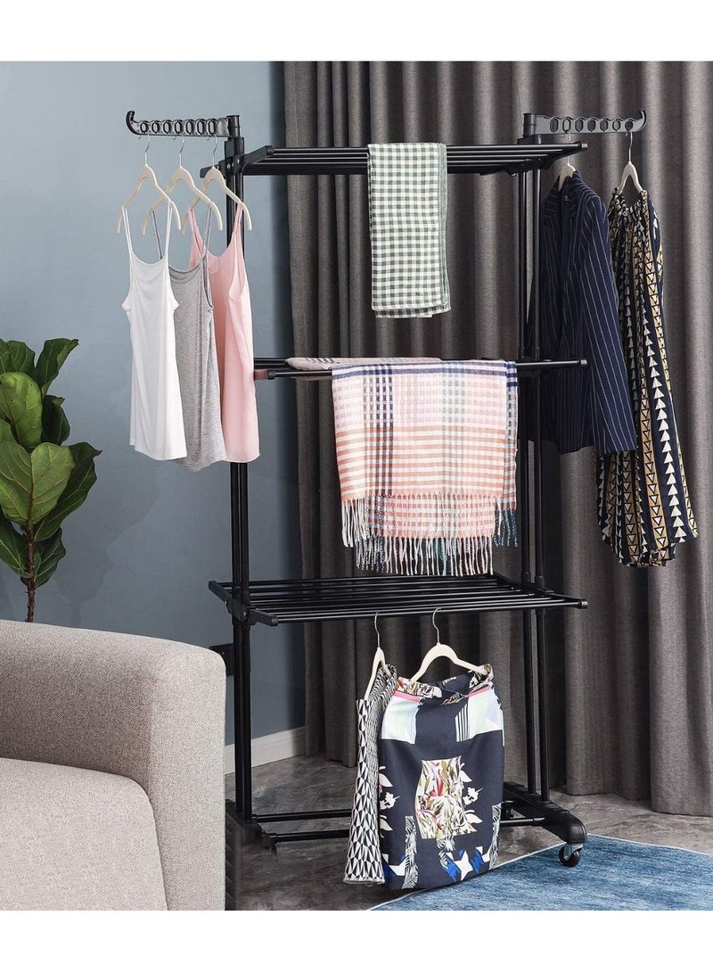 ALMUFARREJ Foldable 3 Tier Clothes Drying Rack for Laundry Rolling Black - Image 2