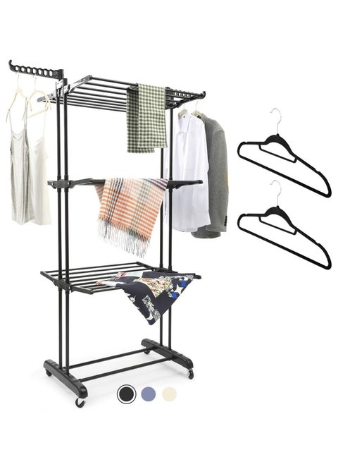 Foldable 3 Tier Clothes Drying Rack for Laundry Rolling Black