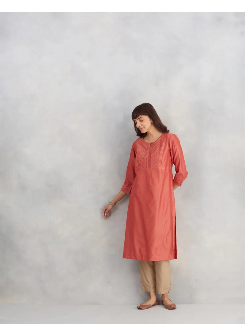 فاب انديا Pink Cotton Silk Embroidered Long Kurta