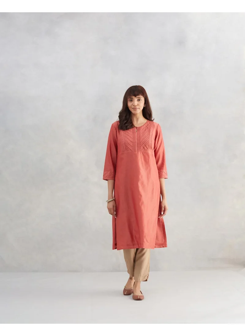 فاب انديا Pink Cotton Silk Embroidered Long Kurta