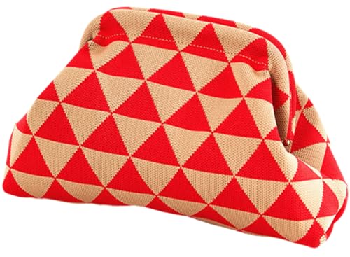 DIHKLCIO Clutch Purses for Women Summer Beach Woven Crochet Handbag Dumpling Striped Ruched Cloud Purse colorblock Evening Bag red triangle - Image 1