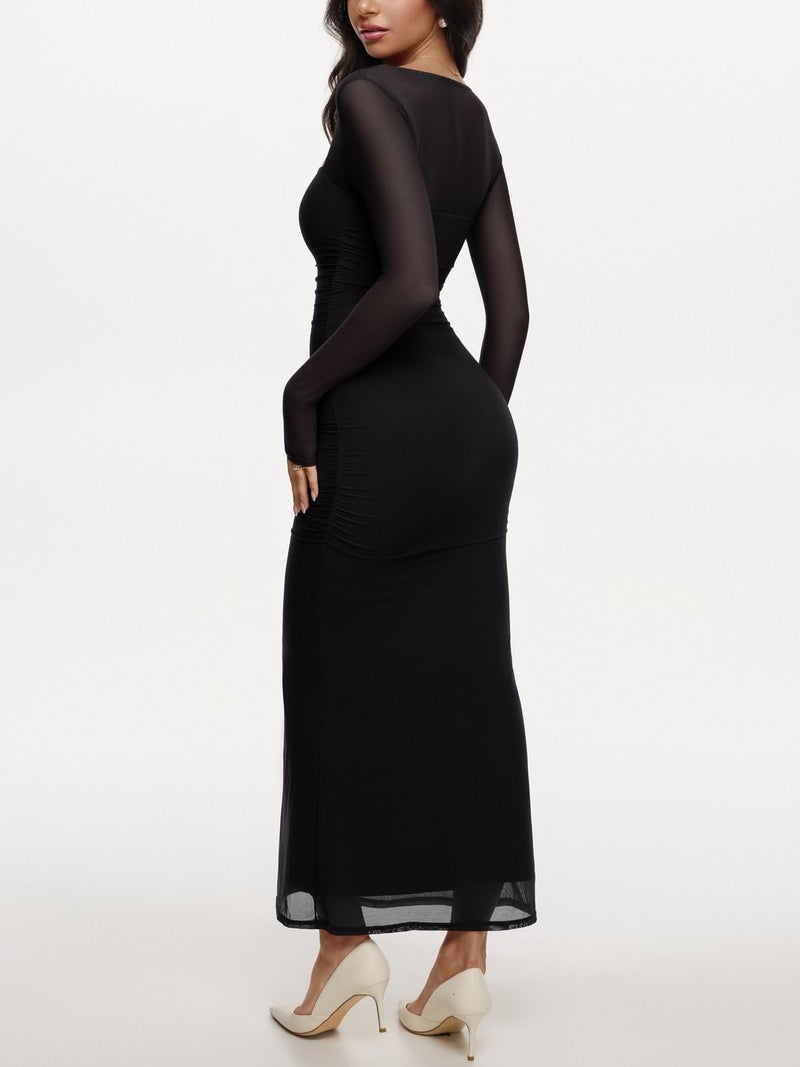REORIA Long Sleeve Wedding Guest Maxi Dresses for Women Sheer Mesh Square Neck Ruched Bodycon Long Dress 2026 Spring Outfits Black Onyx Small - Image 4