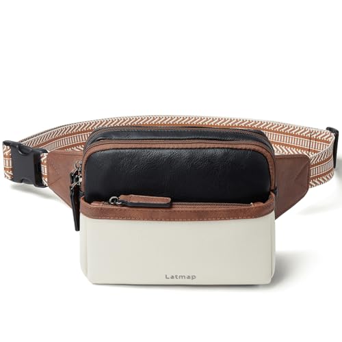 LATMAP 3L Fanny Pack Crossbody Bags for Women Men 4-Zipper Pockets Belt Bag Sling Waist Pack Faux Leather Chest Bag Purse,Black and Beige With Brown - Image 1