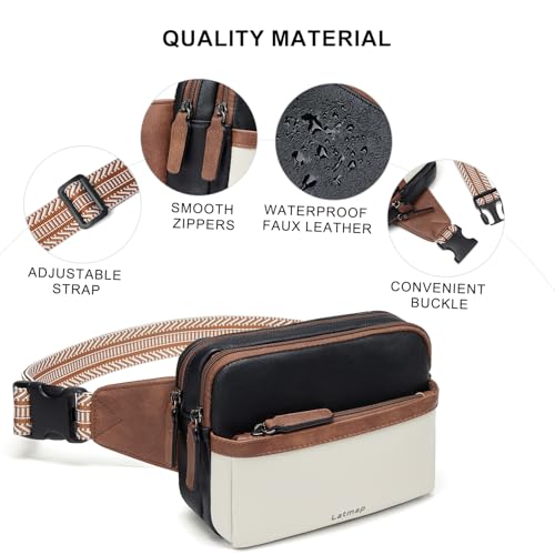 LATMAP 3L Fanny Pack Crossbody Bags for Women Men 4-Zipper Pockets Belt Bag Sling Waist Pack Faux Leather Chest Bag Purse,Black and Beige With Brown - Image 5