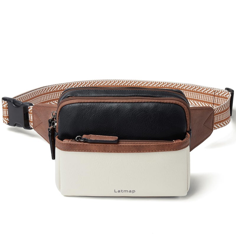 LATMAP 3L Fanny Pack Crossbody Bags for Women Men 4-Zipper Pockets Belt Bag Sling Waist Pack Faux Leather Chest Bag Purse,Black and Beige With Brown - Image 3