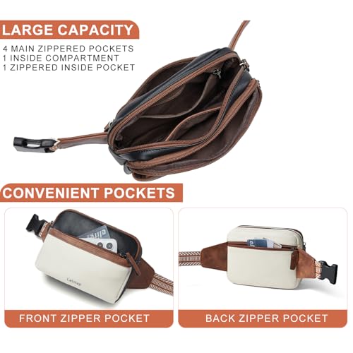 LATMAP 3L Fanny Pack Crossbody Bags for Women Men 4-Zipper Pockets Belt Bag Sling Waist Pack Faux Leather Chest Bag Purse,Black and Beige With Brown - Image 4
