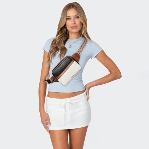 LATMAP 3L Fanny Pack Crossbody Bags for Women Men 4-Zipper Pockets Belt Bag Sling Waist Pack Faux Leather Chest Bag Purse,Black and Beige With Brown - Image 2