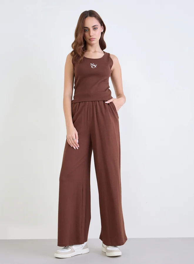 Styli Brown Embroidered Ribbed Tank and Joggers Co-Ords
