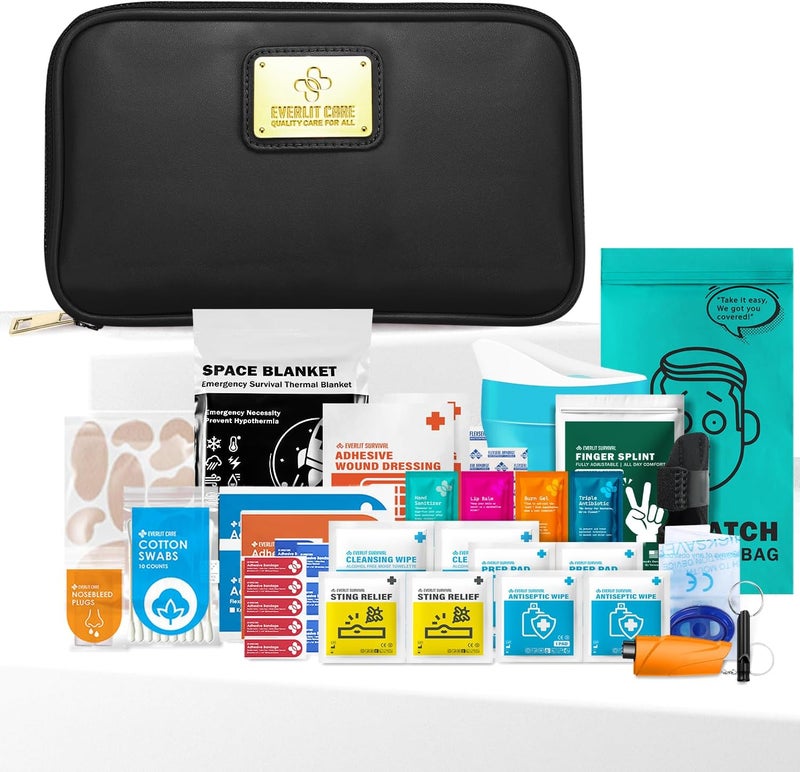 EVERLIT CARE Car First Aid Kit with Emergency Supplies Survival Gear Including Window Breaker Disposable Urine Bag Mountable Survival Kit for Family Travel in Car Black - Image 1