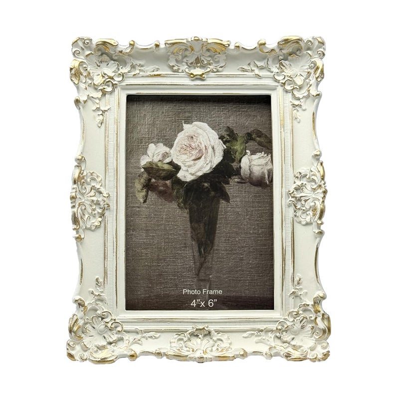 CISOO 4x6 Vintage Picture Frame Antique Ornate White with Gold Photo Frame for Table Top and Wall Display Decorative Floral Design Retro Home Decor Photo Gallery Art