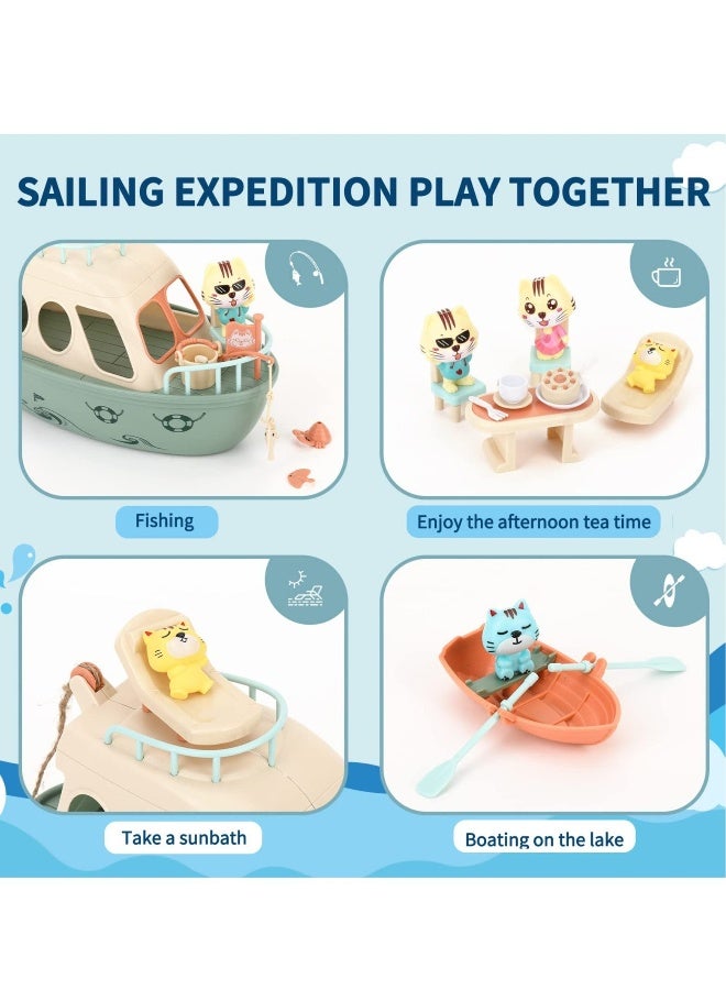 Toddler Pet Pretend Play Set Boat Baby Toy, Cat Toy for Girls and Boys, , 31Pcs Sailing Kitten Figurines, Kids Gifts 3 4 5 6 7 8 9 STEM Educational Interactive Birthday Gift - Image 1