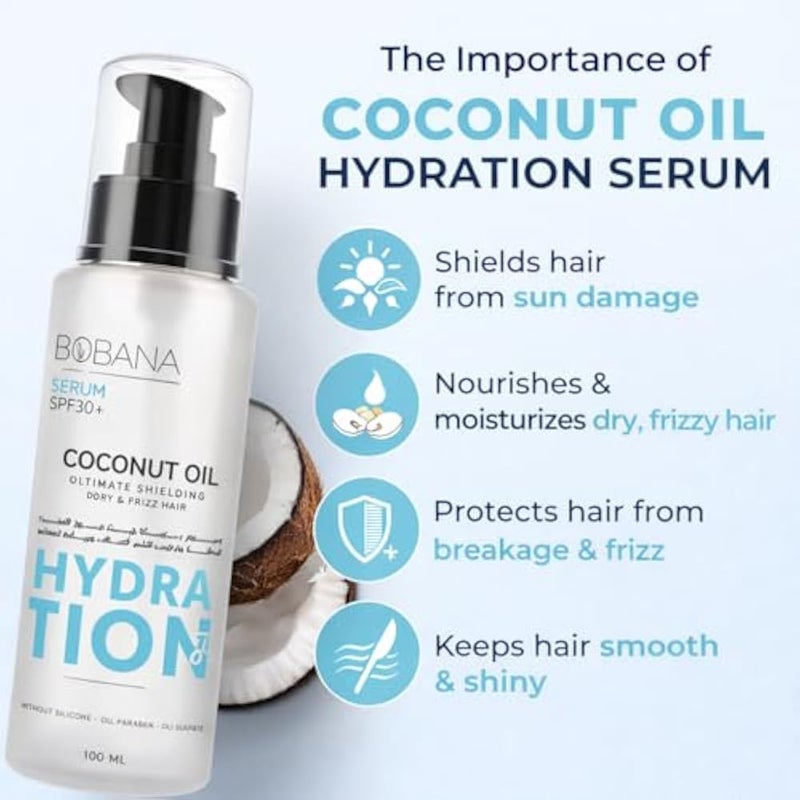 Bobana Coconut Oil Serum for Dry Hair 100ml with 2 Hair Clips Multi-Colour, SPF30 Protection - Image 2