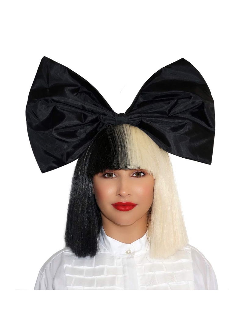 pureluca - OFFICIALLY LICENSED Sia Costume cosplay Wig Half Blonde Black Bob Wig  Bow - Image 1