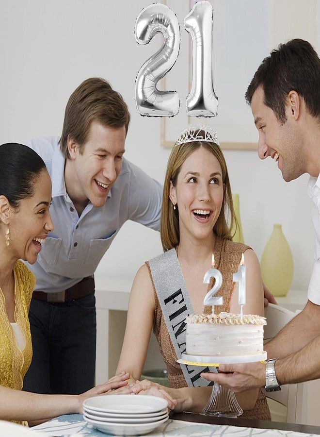 YeohJoy 21st Birthday Decorations for Her Silver, 21st Birthday Tiara and Finally 21 Sash, Cake Topper and Candles, Silver Number Balloons - Image 2