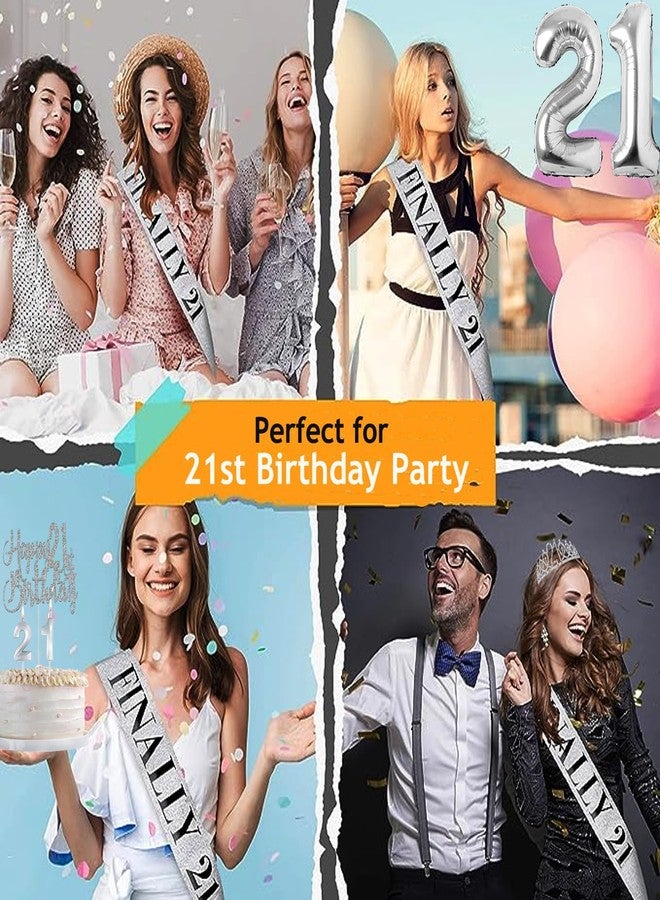 YeohJoy 21st Birthday Decorations for Her Silver, 21st Birthday Tiara and Finally 21 Sash, Cake Topper and Candles, Silver Number Balloons - Image 5