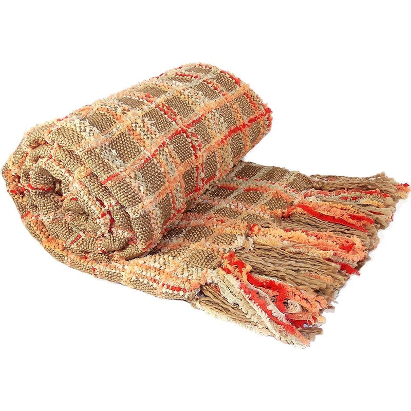 Home Soft Things MultiColor Chenille Couch Throw Blanket Burnt Orange 50 x 60 Soft Warm Cozy Tartan Blanket with Tassels Throw Blanket for Living Room Bed Sofa Chair Dcor