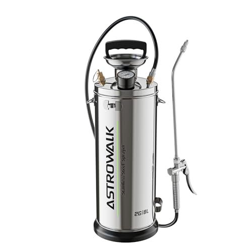 ASTRWK 2 Gallon Stainless Steel Pump Sprayer, Heavy Duty Lawn & Garden Sprayer with 20" Wand & 4FT Hose for Weed Killer, Fertilizer & Pest Control, Durable Pressure Sprayer with Viton Seals - Image 1