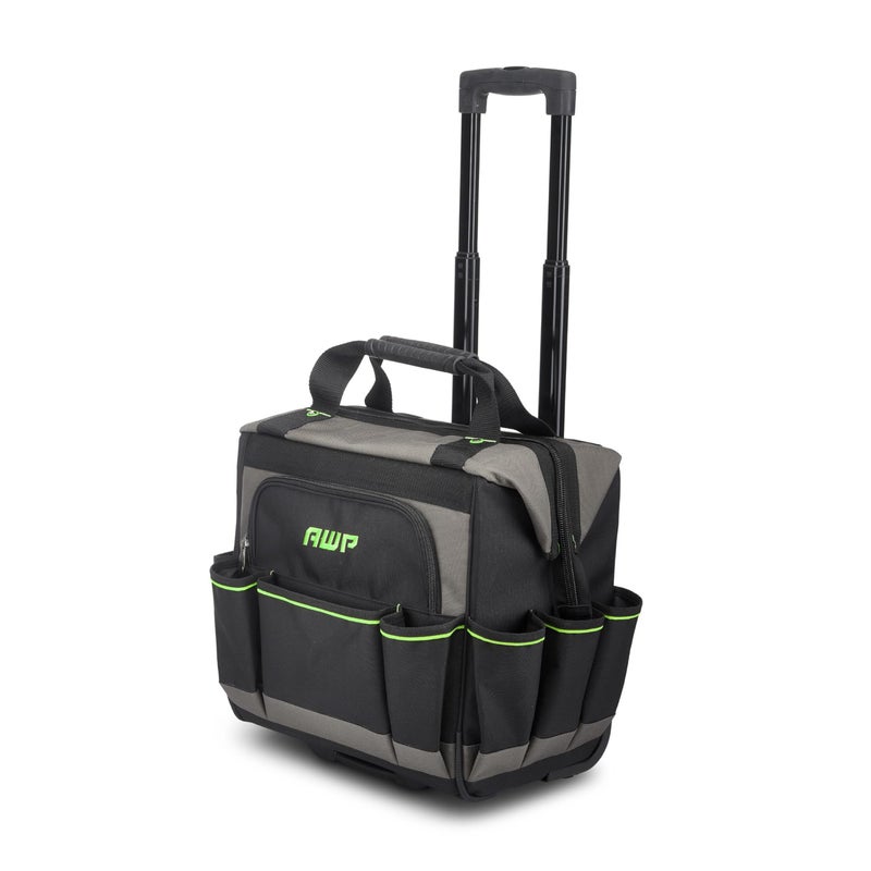 AWP Rolling Tool Bag Durable Tool Tote WaterResistant Organizer for Professionals and Contractors Adjustable Handle for Travel Black L22814