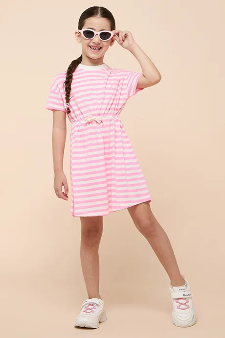 أر أند بي Striped Dress with Crew Neck and Short Sleeves