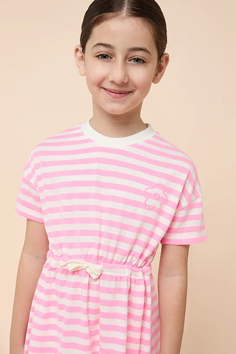أر أند بي Striped Dress with Crew Neck and Short Sleeves